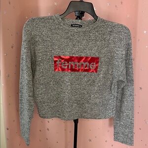 Terranova (Italy) Gray and Red Femme Long-Sleeved Crop Top